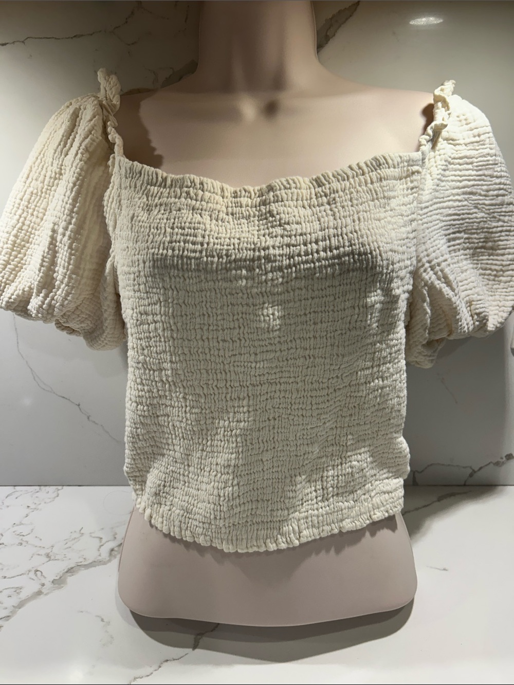 Lush Cream Smocked Square-Neck Puff Sleeve Crop Top